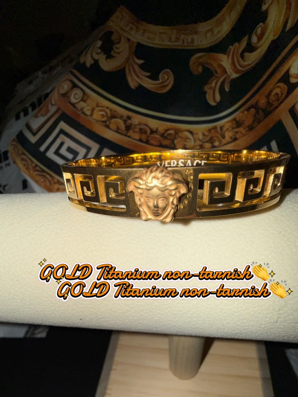 New (not gold plated)Gold Medusa Emblem Greek Key Bangle Bracelet .